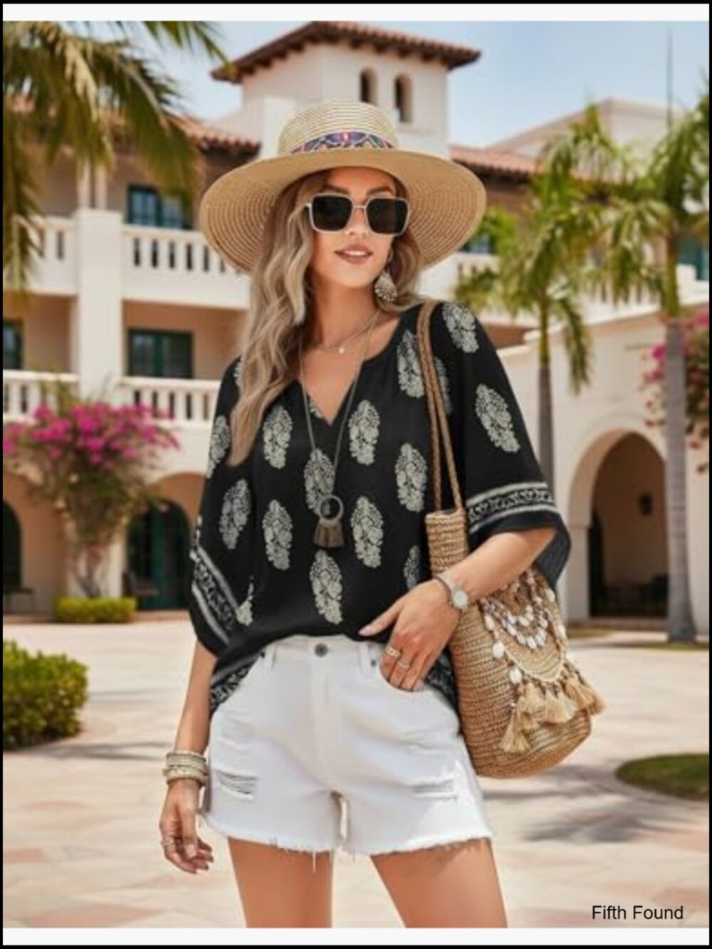 Boho V-Neck 3/4 Sleeve Blouse Tunic Loose Fit Peasant Top - Picture 6 of 7
